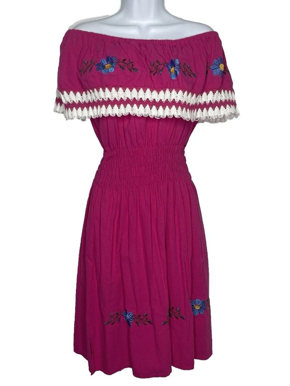El Ropero de Frida Mexican Peasant Dress Size M Pink Embroidered On/Off Shoulder